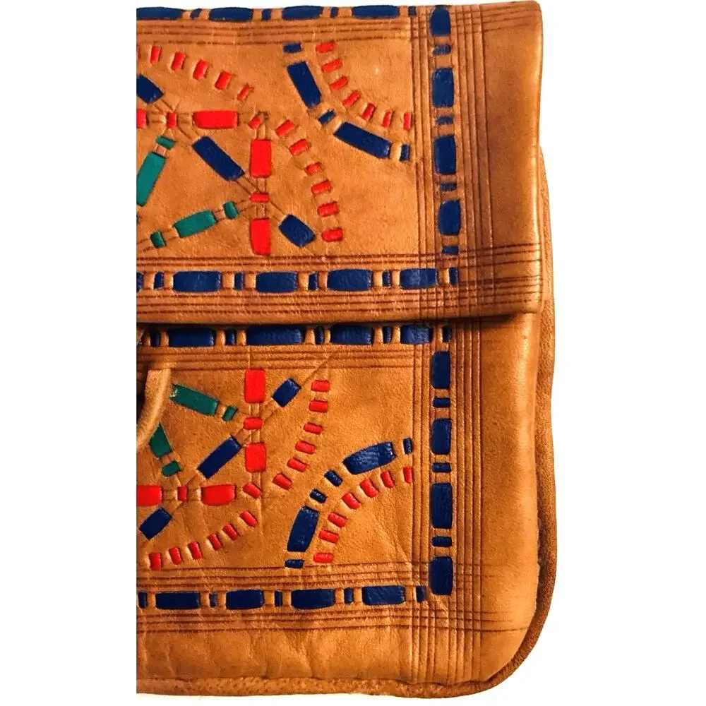 Handmade Morrocan Leather Mini Clutch Coin Purse Fold Over Tassel Toggle Closing